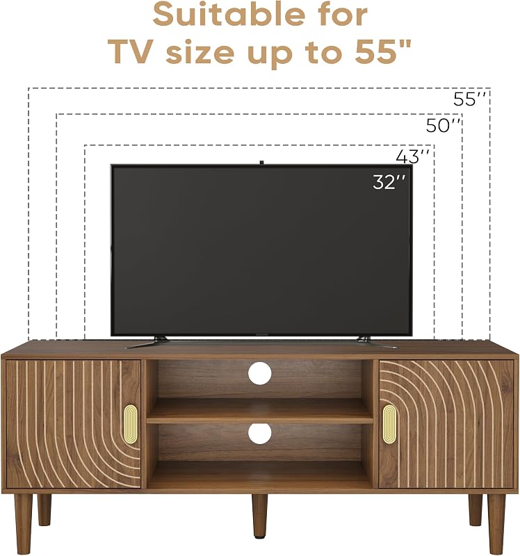 Smuxee Walnut TV Stand with Line Groove Design, 47.2" Mid Century Modern TV Media Console for TVs up to 55", TV Cabinet with Adjustable Shelf & 2 Cabinets for Living Room image 3