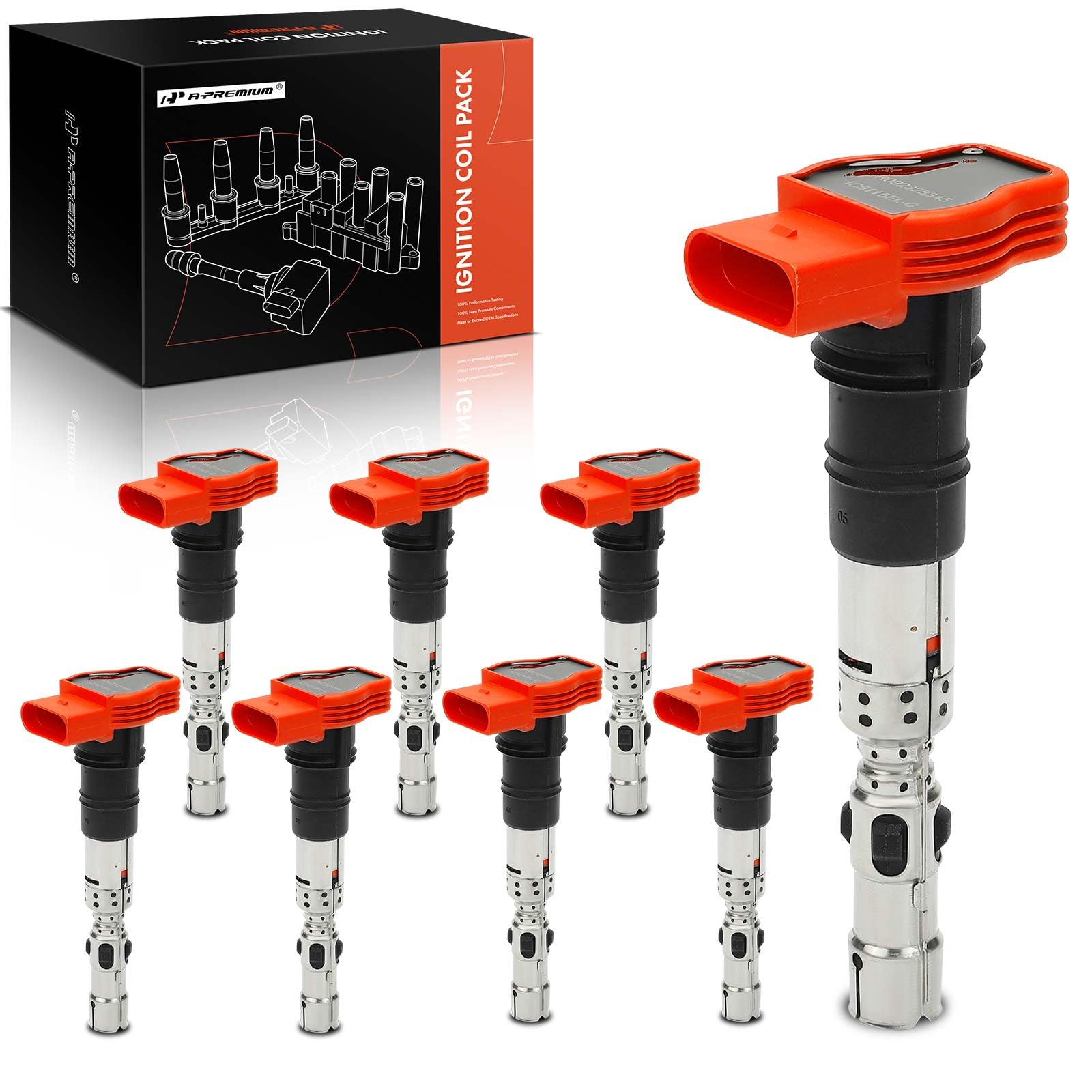 A-Premium Ignition Coil Pack Set of 8 Compatible with Audi A6 Quattro 2005-2006 A8 Quattro 2003-2006 Allroad Quattro S4 2004-2009 V8 4.2L