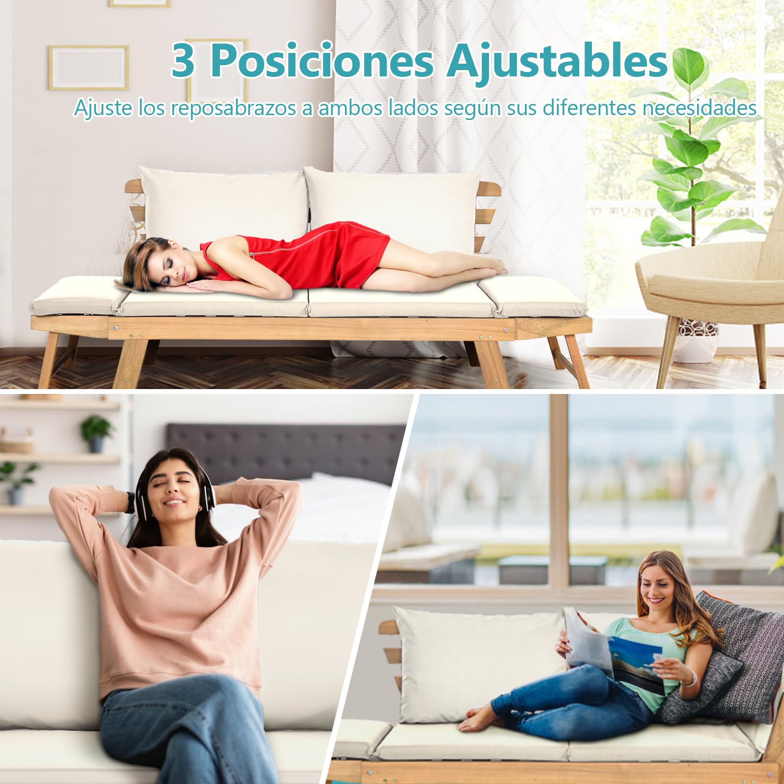 GOPLUS Sofá Cama de Jardín 2 Plazas, 3 en 1 Sofá Exterior Convertible en Tumbona y Cama Individual, Banco de Madera de Acacia con Cojines y Reposabrazos Ajustables, Terraza Patio Piscina (Blanco)