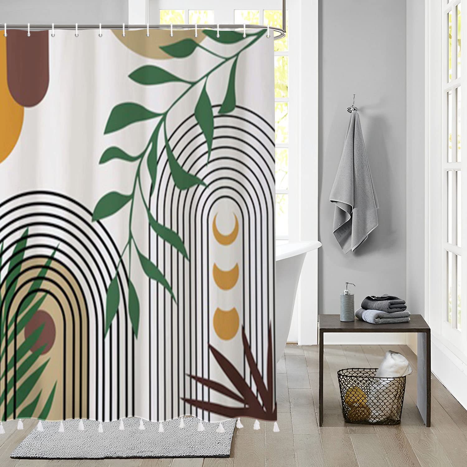 183x213cm Cortina de Baño Bohemia Impermeable Cortina de Ducha de Arte Abstracto Planta Tropical de Medio Siglo Cortinas de Ducha Lavables para Bañera con Gancho — view 33