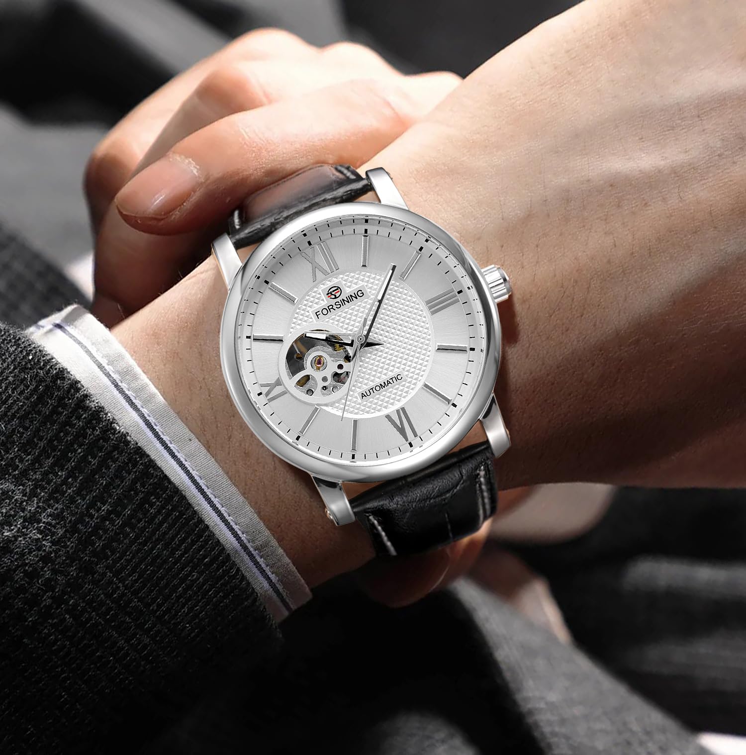 FORSINING Orologio da polso da uomo, meccanico, alla moda, con grande quadrante in pelle