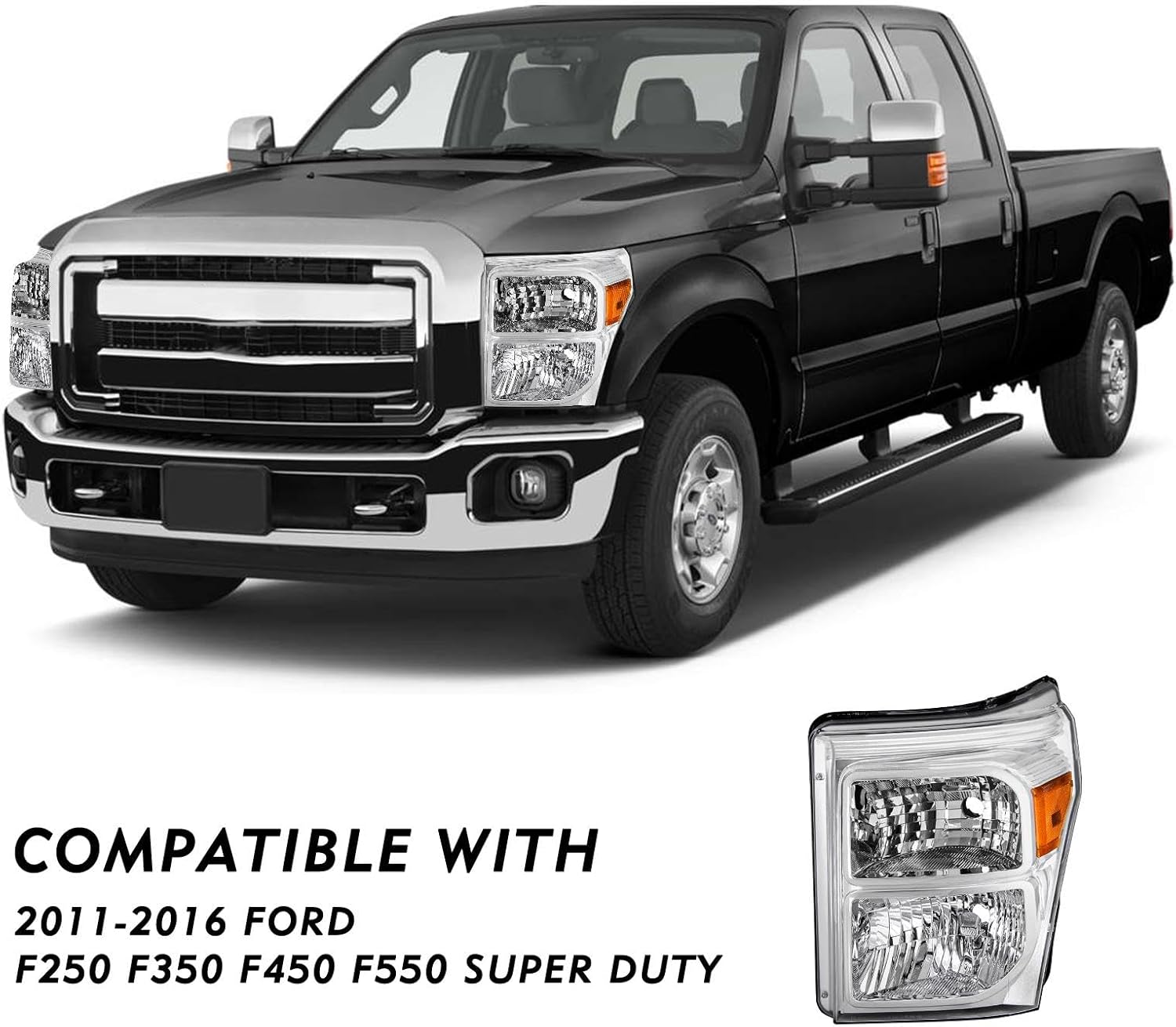 TUSDAR Headlight Assembly Set for 2011-2016 Ford F-250 F-350 F-450 F-550 Super Duty (Chrome Housing with Amber Reflector)