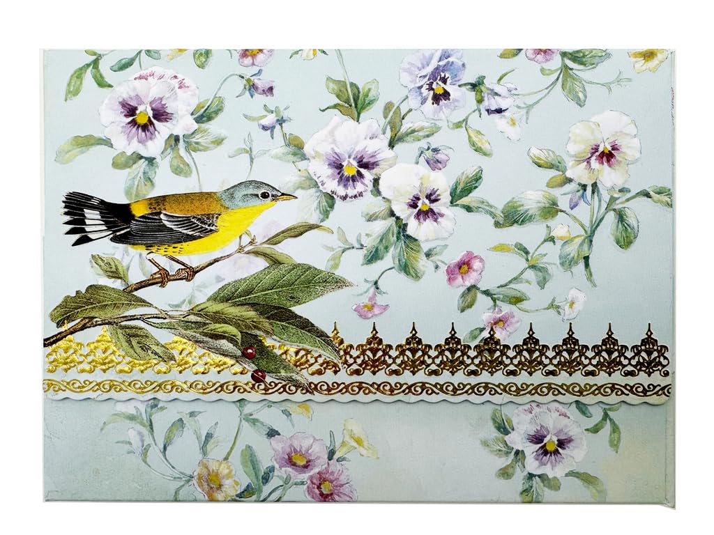 Poster Foundry Set of 3 - Pansy Flower and Warbler Bird Boxed Note Cards by Carol Wilson. 10 embossed 4x5 Die-Cut Notecards and Matching Envelopes in Decorative Gift Box with Magnetic Flap. NCP2449