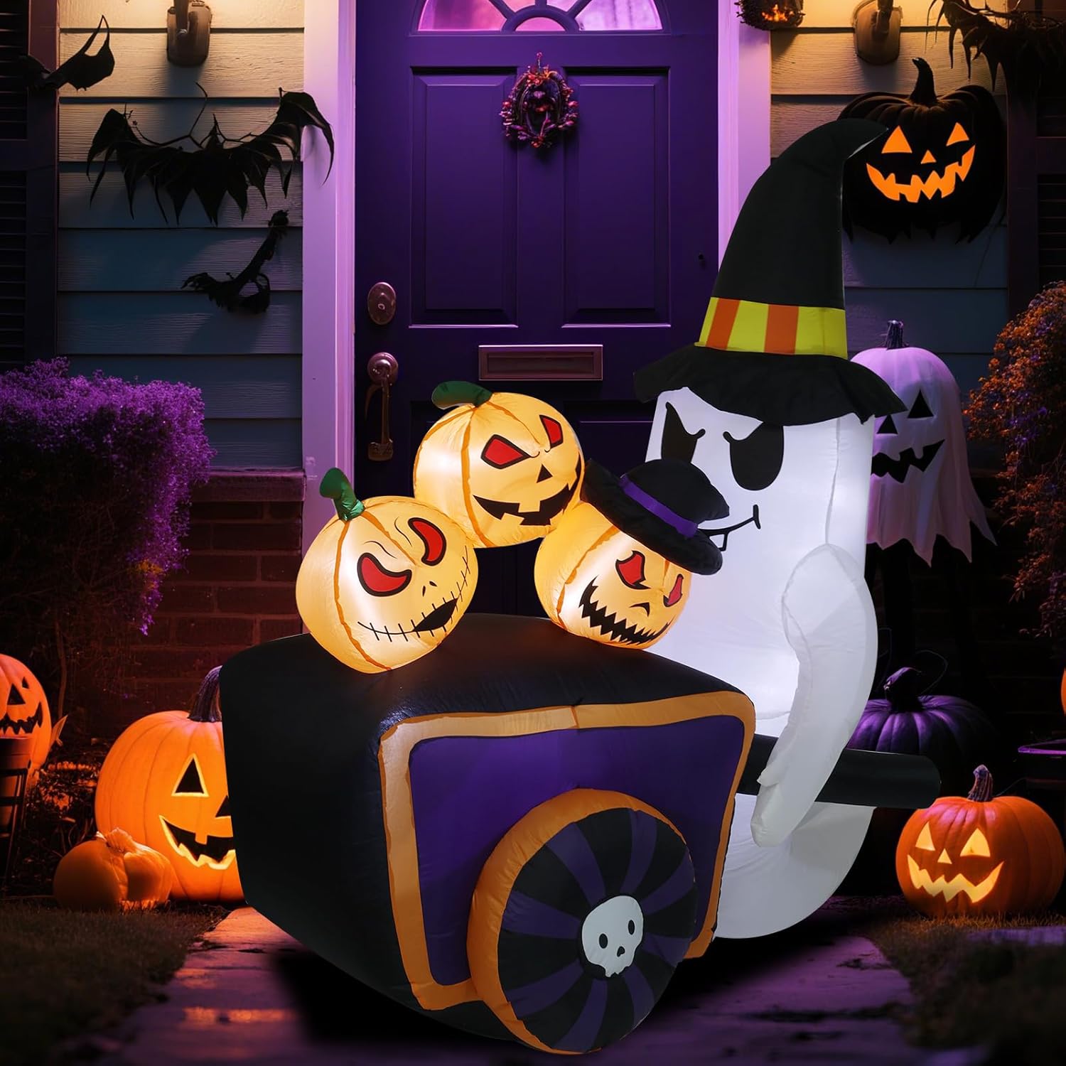 5.5FT Halloween Inflatable Cute Ghost with Pumpkins in Cart, Lighted Outdoor Yard Decoration, Witch Hat LED Blow Up for Lawn, Porch, Halloween Decor