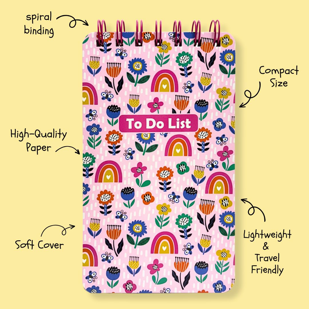 Tot Tales To-Do List Set of 2 Size (17 x 10 cm) 192 Ruled Pages, 80 GSM Spiral Bound Notebooks for Daily Tasks, Checklists - Floral Rainbow Set of 2 1