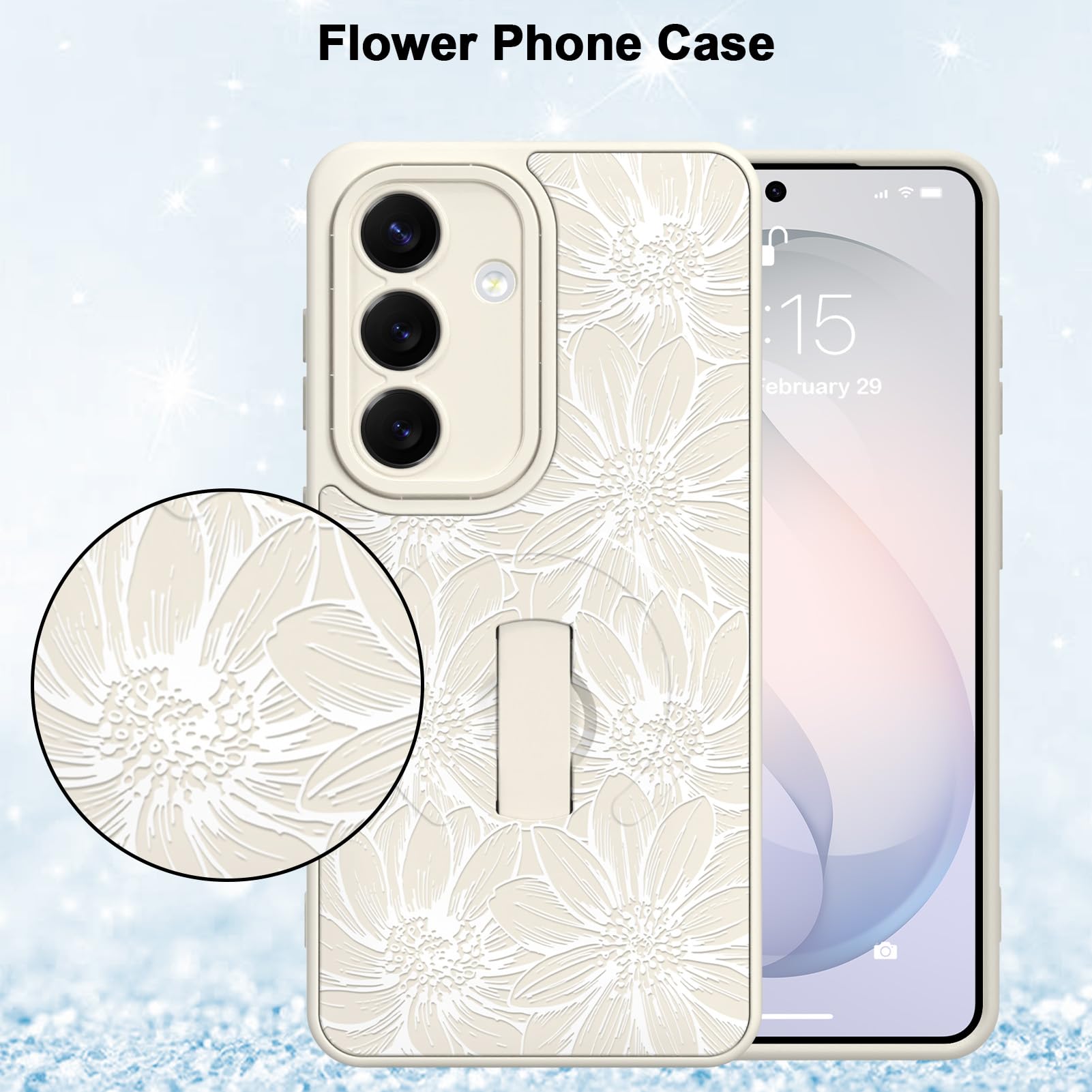 MZELQ Funda de silicona para Samsung Galaxy S26, diseño floral de girasol, soporte para MagSafe, protección de cámara, suave, delgada, para niñas y mujeres, color blanco
