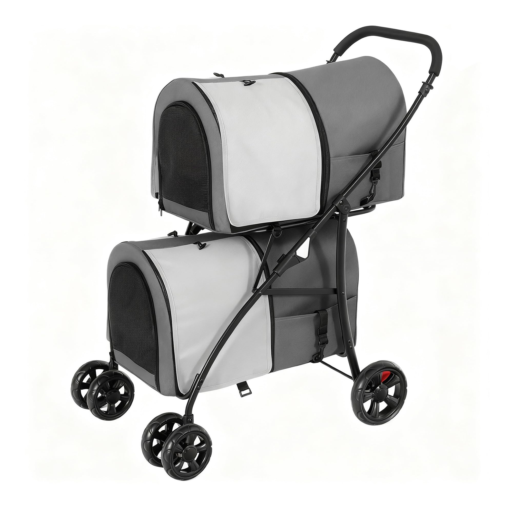 YITAHOME Passeggino per cani a doppio piano per animali domestici, portata fino a 30 kg, pieghevole, con finestra a rete, per due cani e gatti, grigio