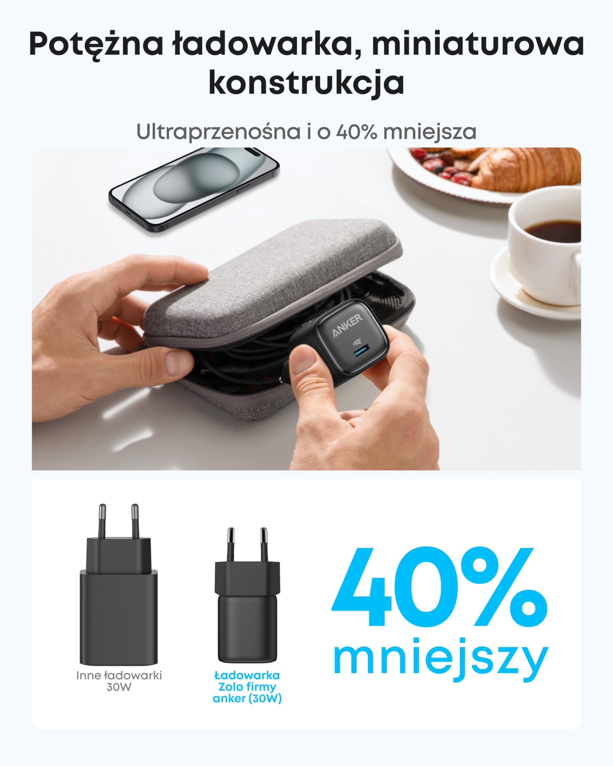 Anker Ładowarka USB C 30 W, kompaktowa ładowarka GaN, 3 x szybsze ładowanie, zasilacz USB C, kompatybilny z serii iPhone 17/16/15, iPad, Samsung Galaxy S24/S23, Pixel i wieloma innymi（Czarny）