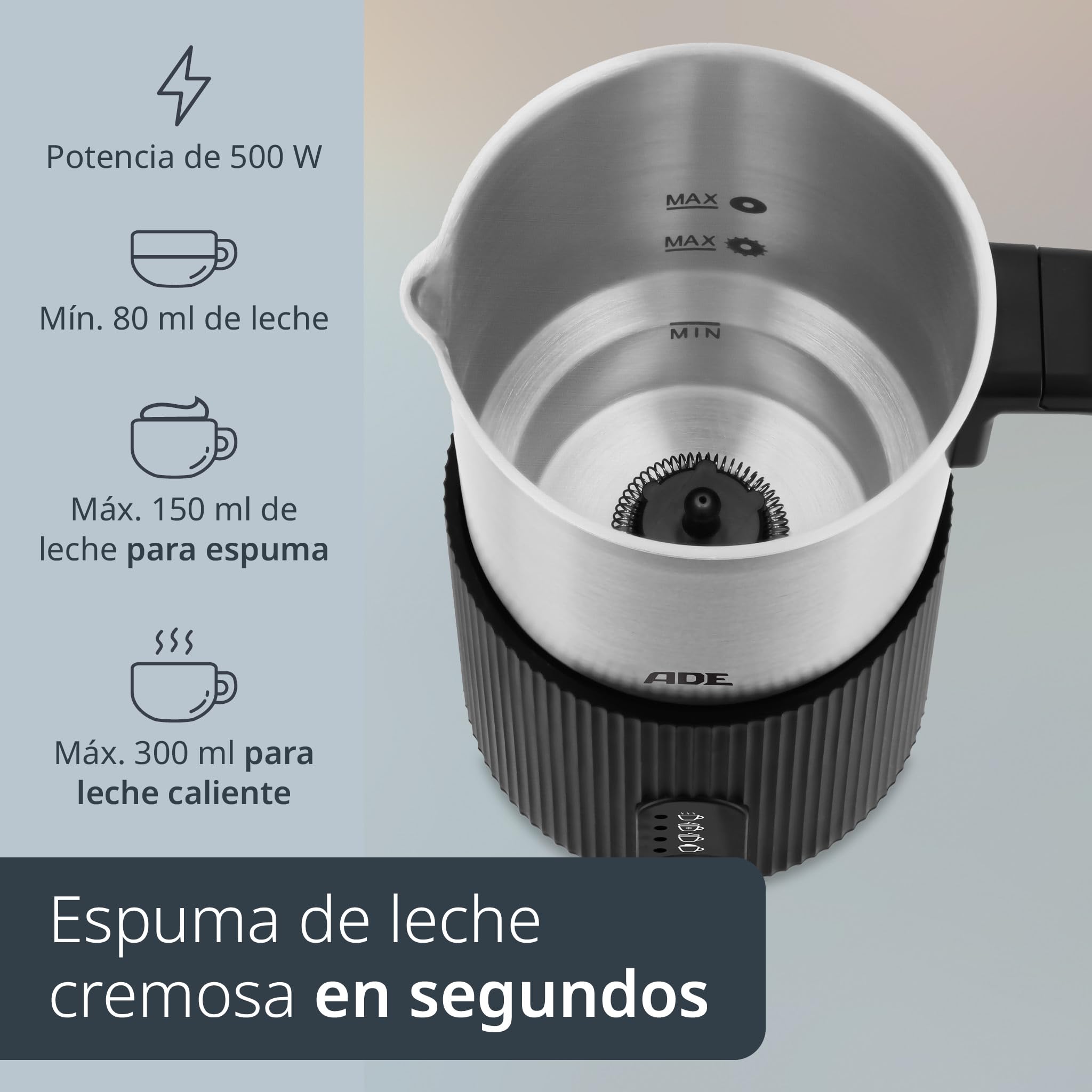 ADE Espumador de Leche Eléctrico 4en1 | para espuma de leche caliente y fría + calienta leche | recipiente inox extraíble | para capuchino, latte macchiato, café helado, cacao | 300 ml | 500 W