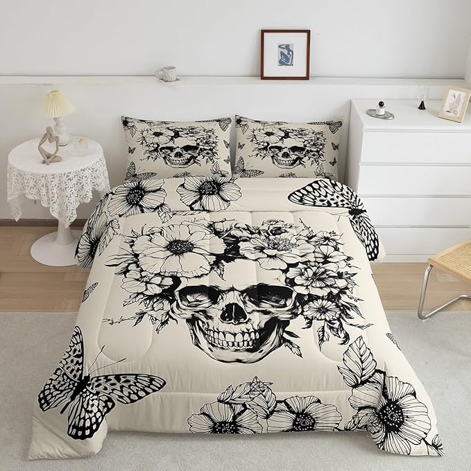 Feelyou Vintage Gothic Skull Bedding Set Twin Size Kids Rock Roll Bone Death Comforter Set for Boys Girls Flower Sugar Skull Duvet Quilt