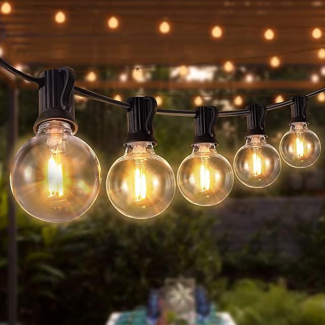Lysliv Outdoor Garden Lights, 50FT Outdoor Lights Mains Powered Waterproof, 1W G40 Plastic 25+1 LED Bulbs Festoon Lights 2700K Patio Bistro Hanging Lights Party Christmas Decorations Backyard Wedding