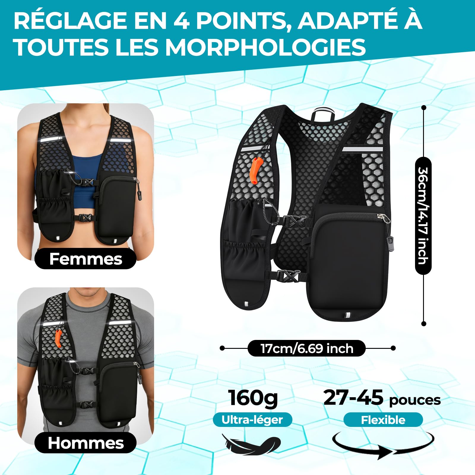 Gilet Running Hydratation Femme Homme Ultraléger 160 g, Gilet Trail Flasque 500ml, Sac Running Réglable Réfléchissant Sifflet, Poches Téléphone Course à Pied, Marathon, Trail, Randonnée