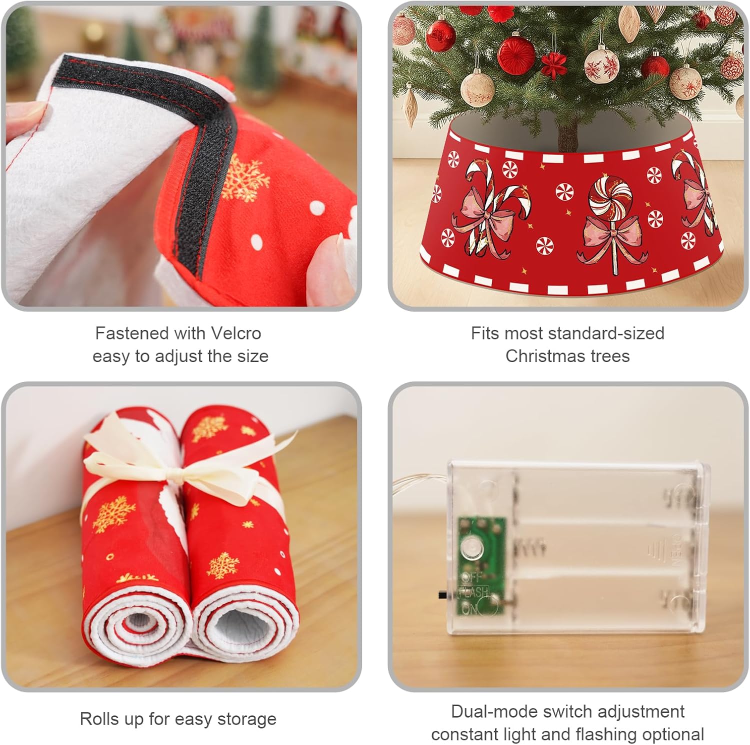 Christmas Candy Cane Tree Collar with LED Light Red Tree Skirt Blue Ring Base Cover for Christmas Trees Decoration Holiday Indoor Outdoor