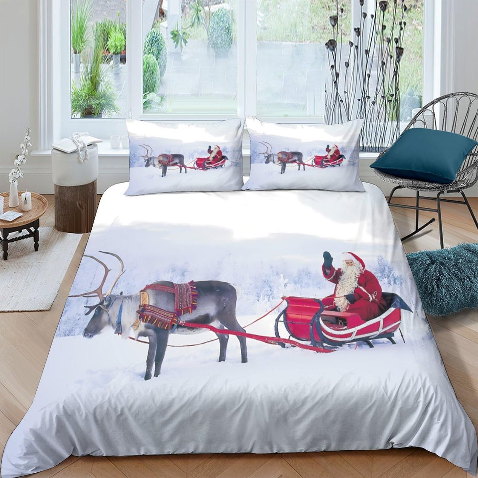 GPLZQXKJNH 3D Printed Christmas Santa Sleigh Duvet Cover Microfiber Soft Reindeer Bedding Set with 2 Pillowcases for Bedroom Decor Single（135x200cm）