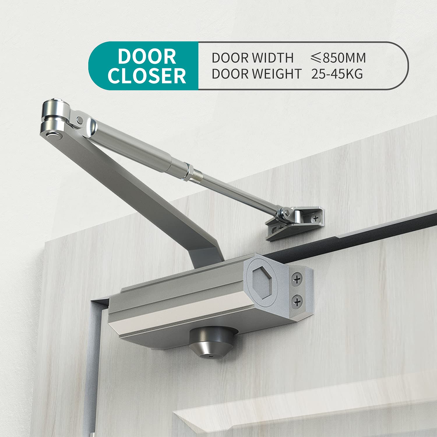 Automatic Door Closer Heavy Duty Fire Prevention Spring Hydraulic Aluminum Alloy Surface Mounted Residential Commercial Grade Door Closer Adjustable Speed Door Weights 55-99 Lbs Size1-Silver — Amazon image 2