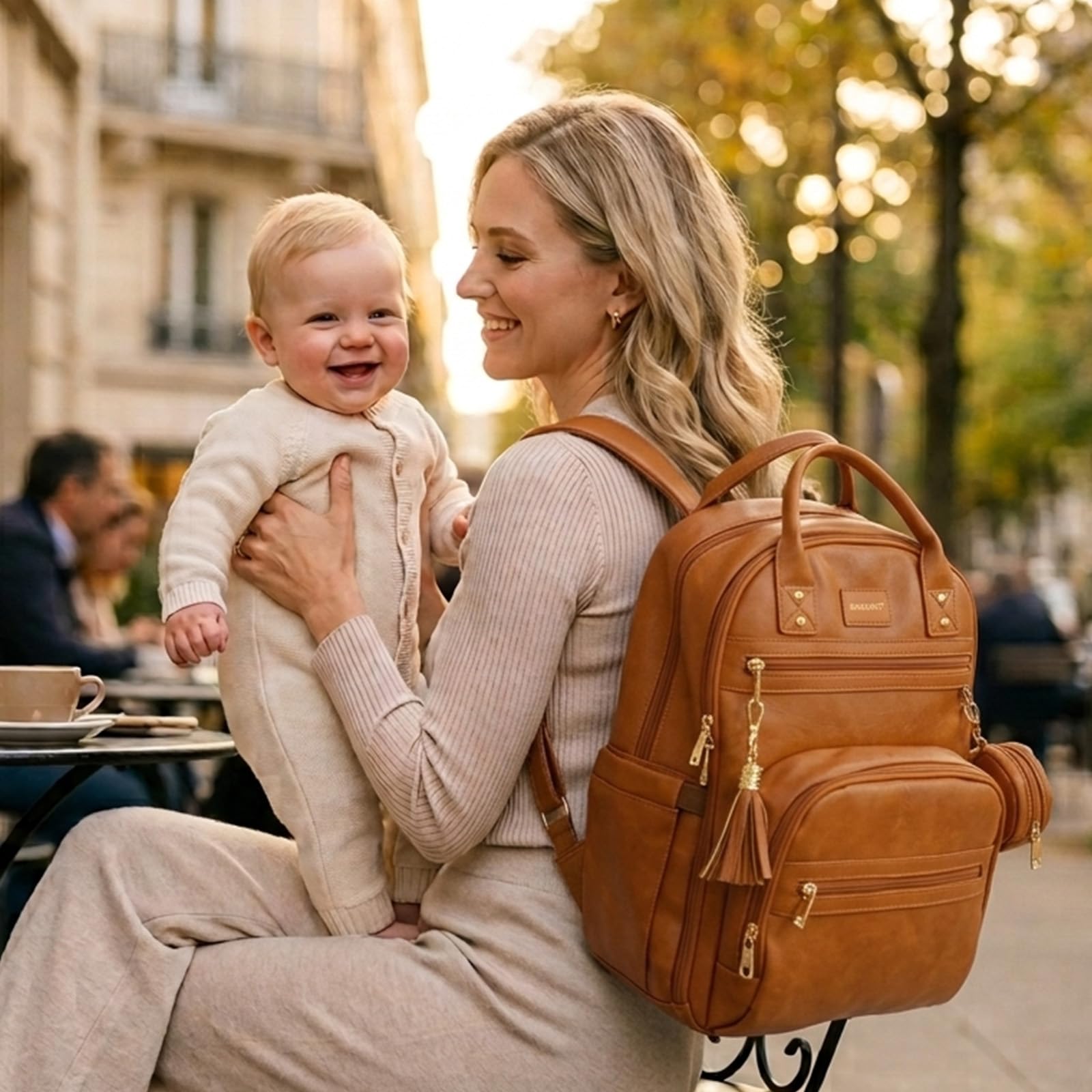 ROSEGIN Vegan Leather Baby Changing Bag Backpack, Large Waterproof Nappy Baby Bag for Mum & Dad – Multifunction Diaper Bag with Changing Mat, Buggy Clips & Dummy Holder