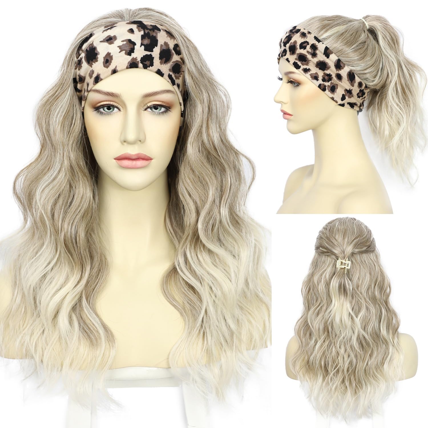 Sapphirewigs Headband Wig Grey Wavy Synthetic Headband Wigs for Women Body Wave Glueless Short Hair Daily Wear Date Party Halloween Christmas 20 inch