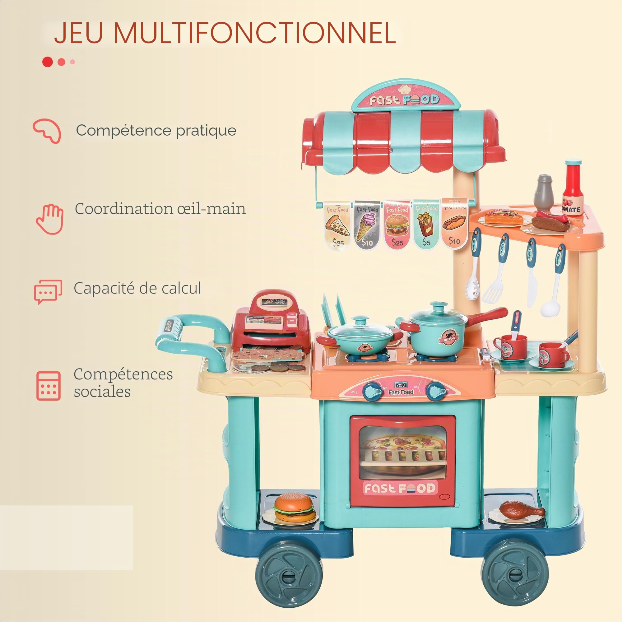 HOMCOM Jouet Cuisine pour Enfants 3-6 Ans Cuisine pour Enfants avec Roues Caisse enregistreuse et Accessoires de Cuisine 79,5x33x90,5 cm Multicolore