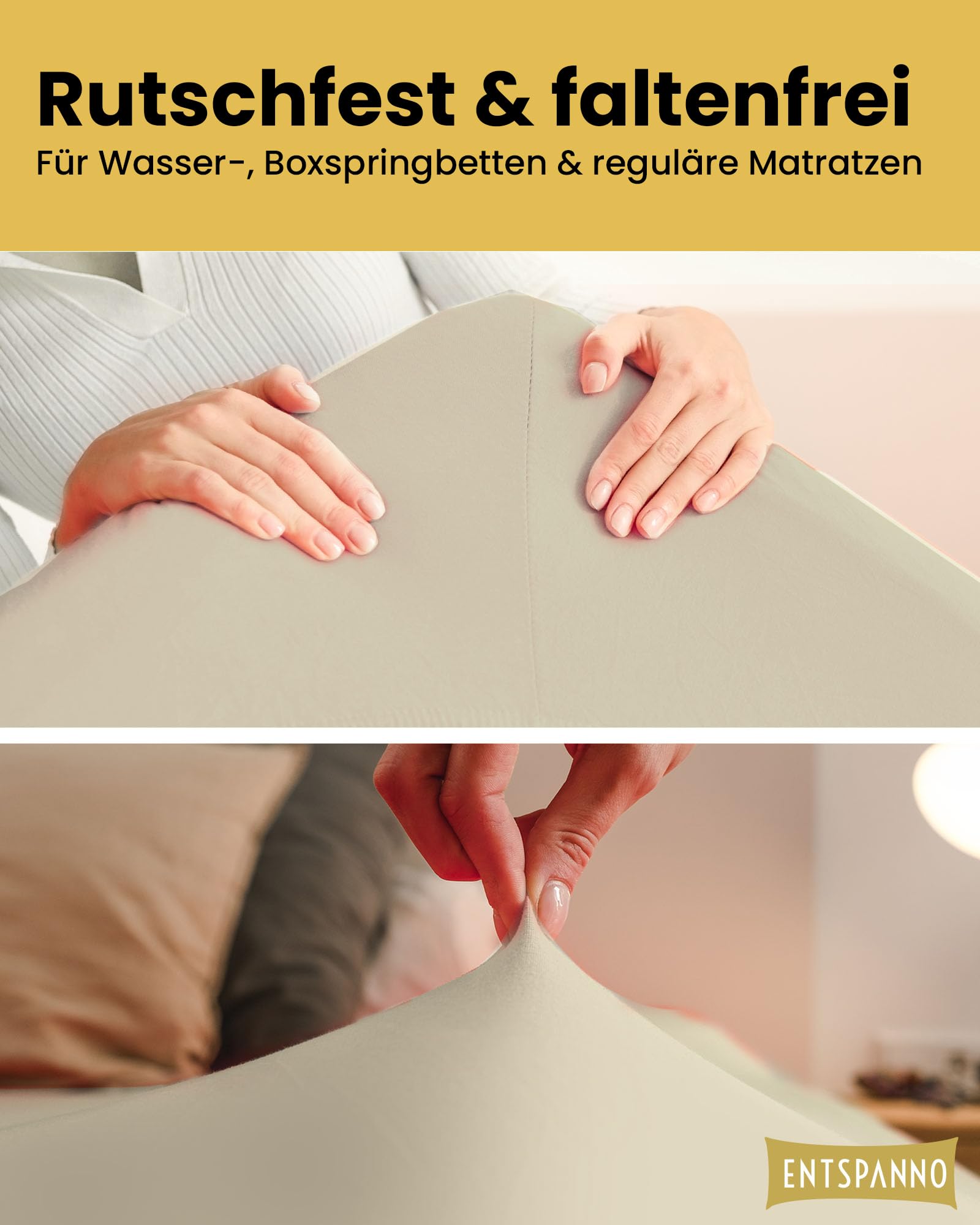 ENTSPANNO Luxus Spannbettlaken 140x200 bis 160x220 cm - Aus weichem Premium Jersey - auch ideal für Wasser- u. Boxspringbett bis 35cm Höhe - Beige