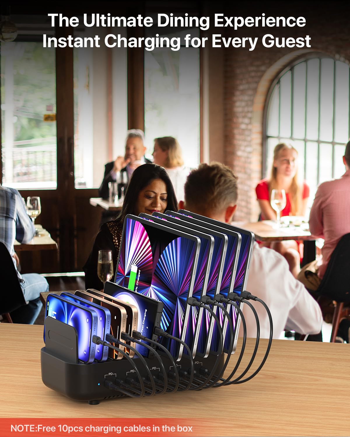 SooPii Stazione di ricarica multipla,100W,10 porte,tipo C,stazione di ricarica rapida per più dispositivi con 10 cavi USB C e divisori regolabili,compatibile con telefono,tablet,Kindle e altro(Nero)