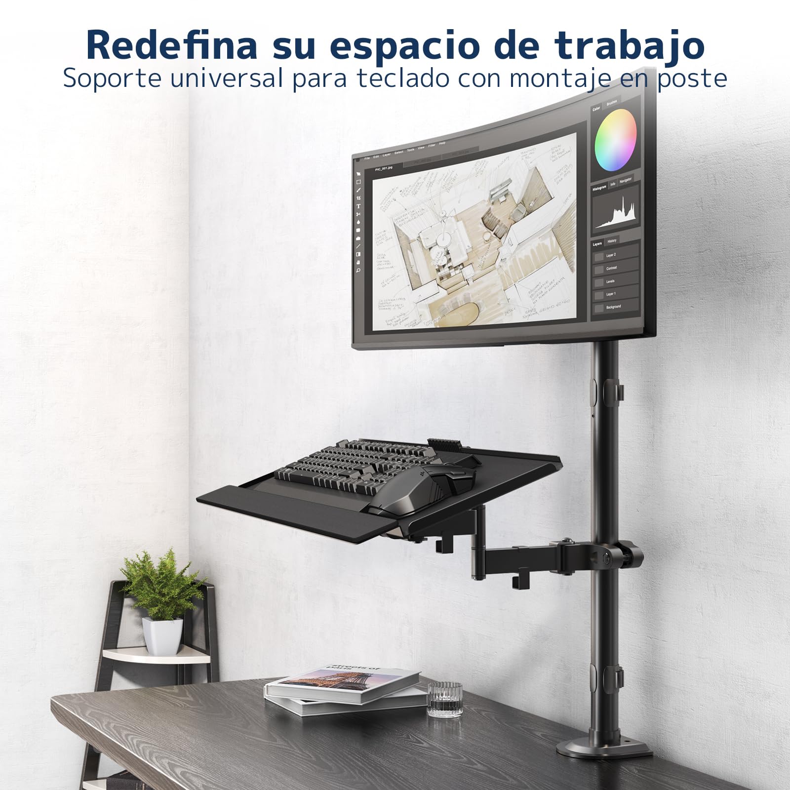 Soporte de Teclado para Poste 65,4 × 19,2 cm – Bandeja de Teclado Universal para Ø 28–60 mm, Rotación 360° e Inclinación Ajustable, Plataforma Ergonómica con Gestión de Cables, Negro