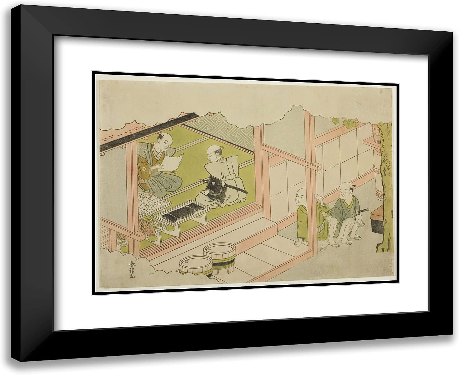 ArtDirect Suzuki Harunobu 24x20 Black Modern Framed and Double Matted Art Print Titled Exchange of Gifts (Yuino), The Second Sheet of The Series Marriage in Brocade Prints, The Carriage of The Virtuo