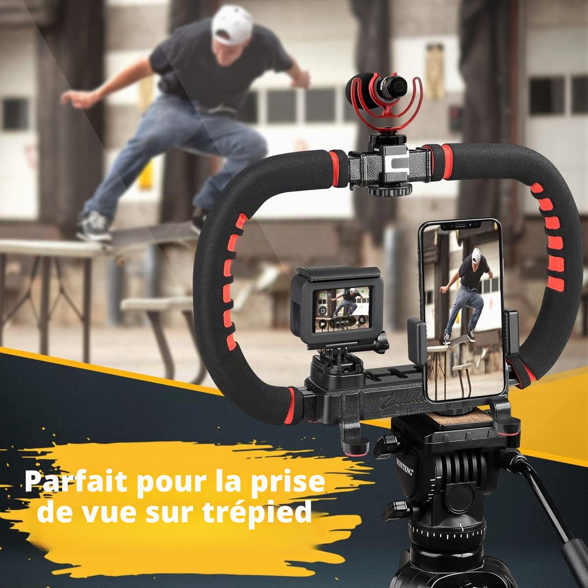 Zeadio Stabilisateur pour Smartphone, poignée de Prise de Vue à Main, compatibilité avec Toutes Les caméras, caméscopes, caméras d’Action, DSLR et pour Tous Les Smartphones iPhone et Android