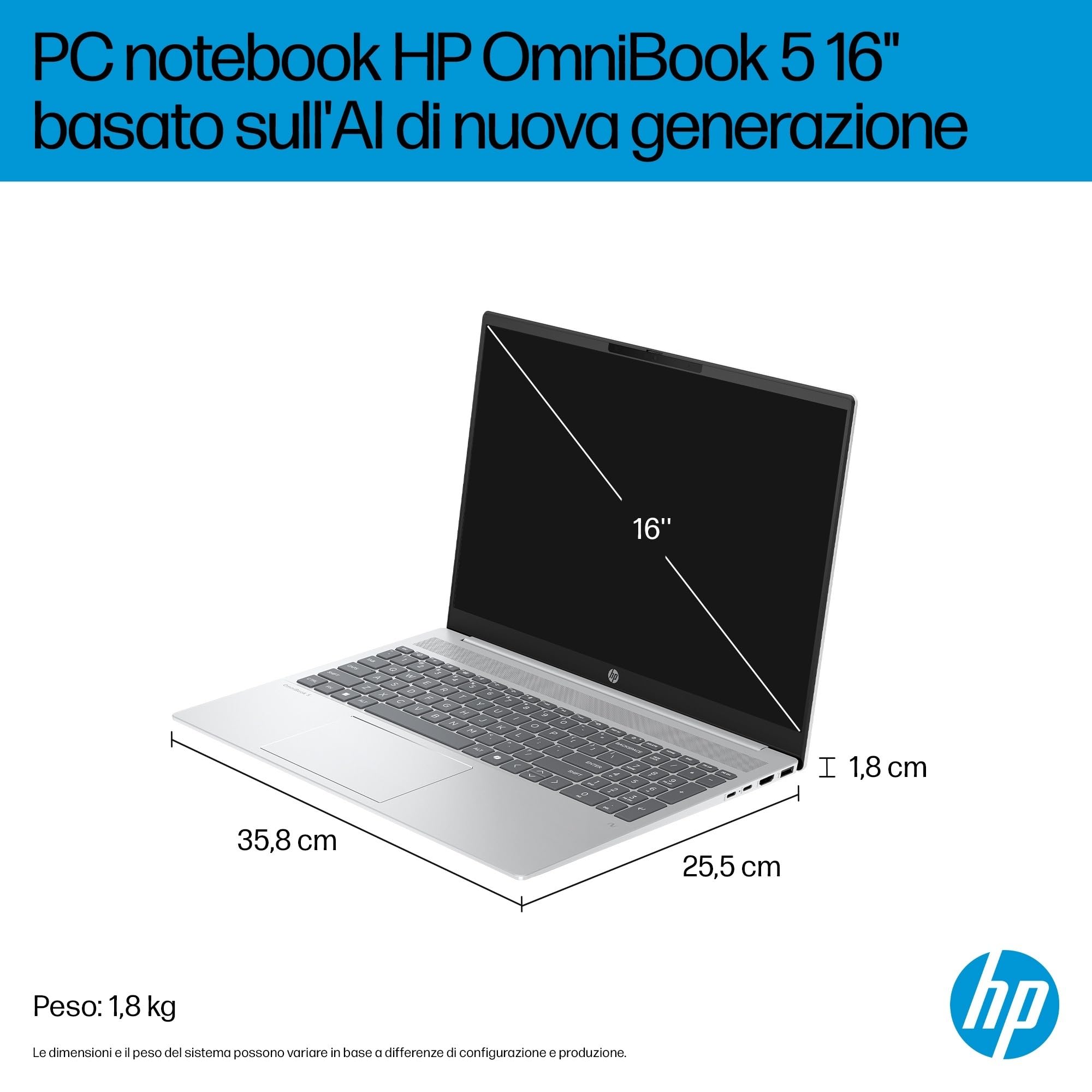 HP OmniBook 5 16-ag1004s, Notebook, (Processore AMD Ryzen AI 7 350, 24GB RAM, 512GB SSD, Windows 11), Lavoro d'ufficio avanzato, Multitasking, Computer portatile, Tastiera Italiana QWERTY, Argento
