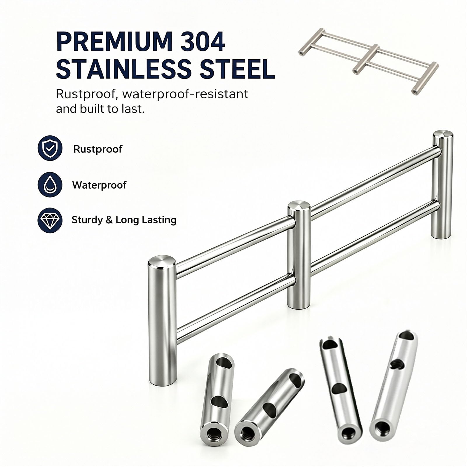 Riel de Estante Barandilla De Acero Inoxidable 100 cm Doble Barra Para Pared, Anti-caída Para Autocaravana Y Armarios, Varillas Divisorias Ajustables(6pcs,19.5in/50cm)