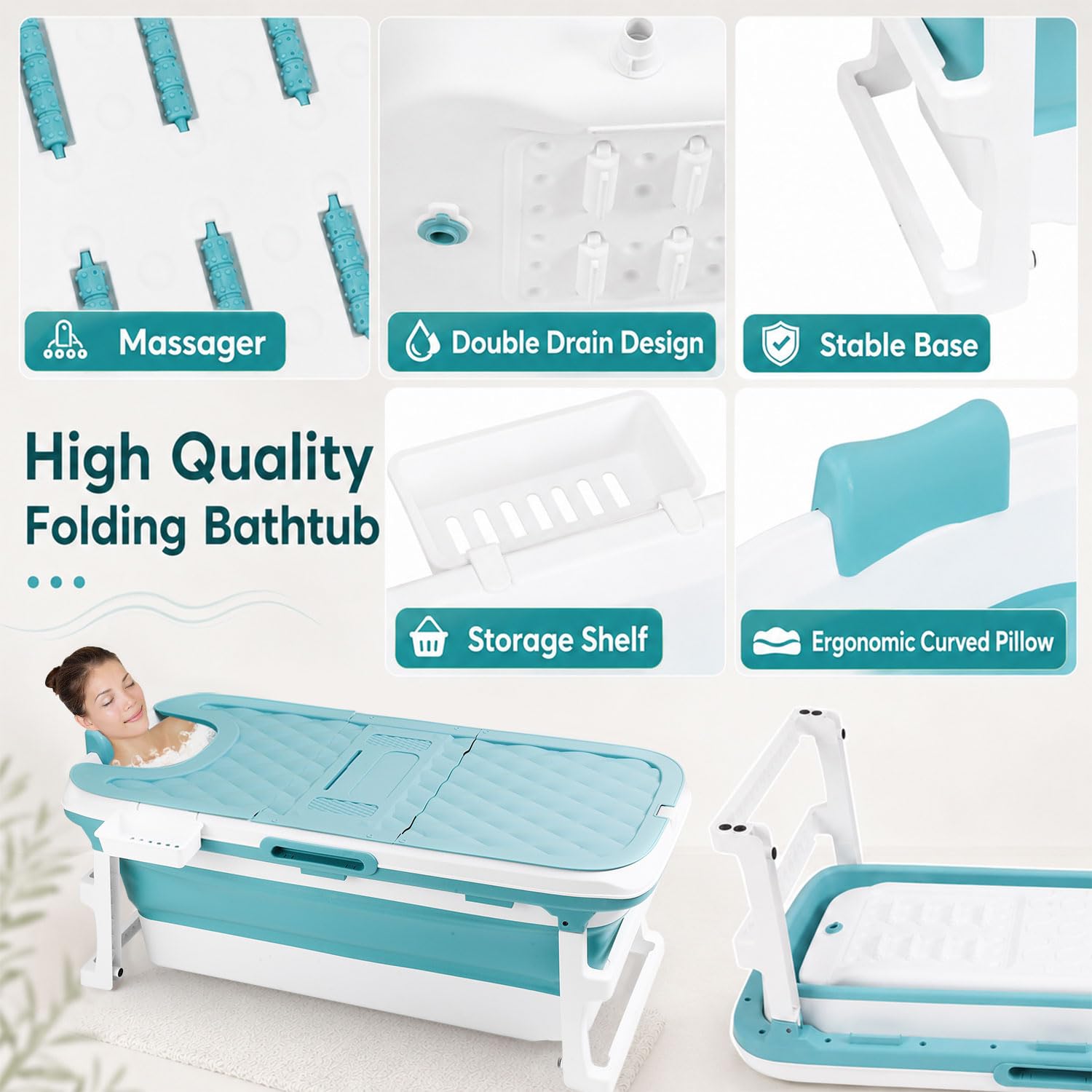 Vasca da bagno portatile pieghevole per adulti, 149 x 60 x 50 cm, con copertura, rulli massaggianti e cestino per sapone, blu, per bagno e doccia