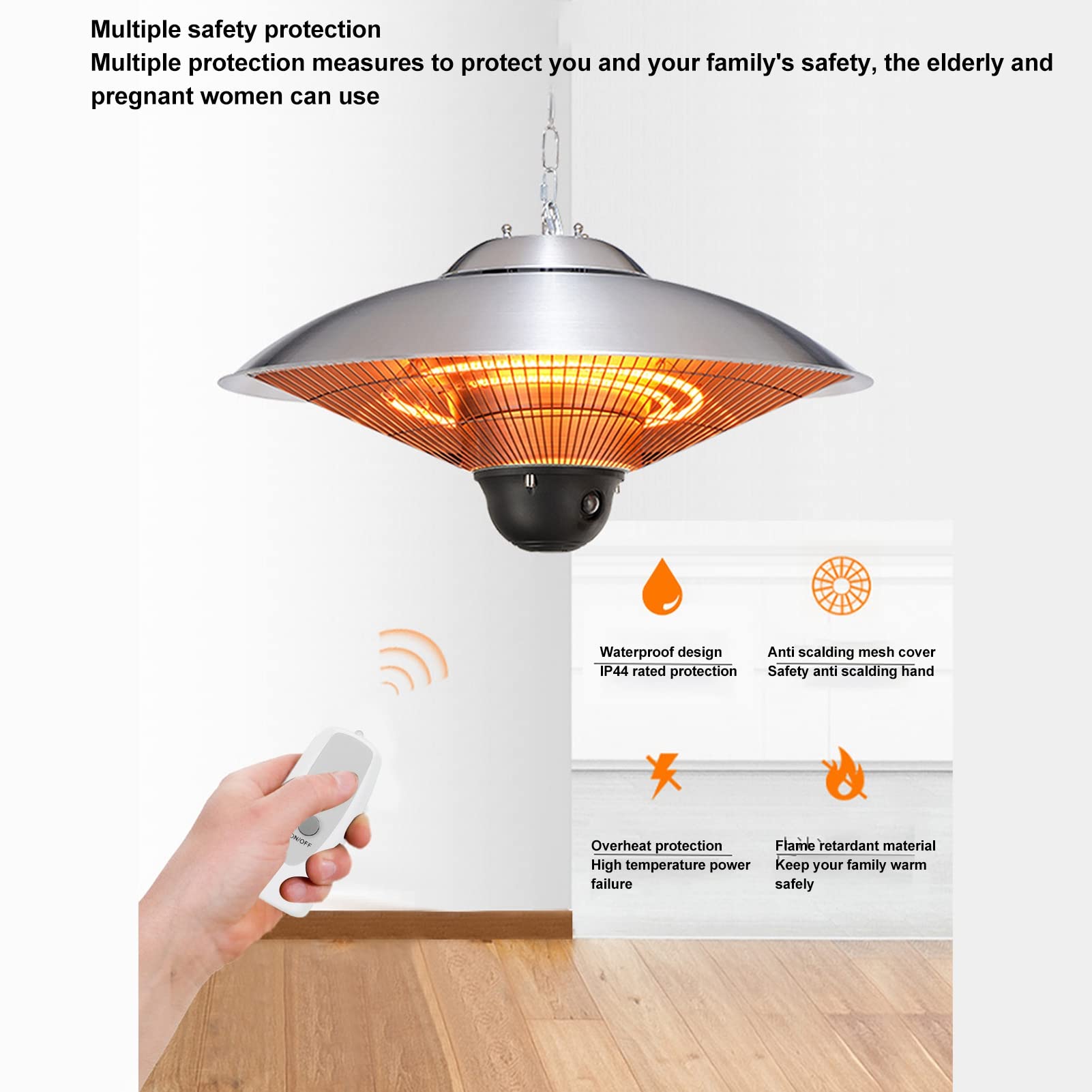 Riscaldatore Esterno Sospeso, Stufa da Terrazza e Termoventilatore con Telecomando, Luce LED, 2 Livelli di Calore e Protezione IP44 per Patio e Verande Esterne Coperte