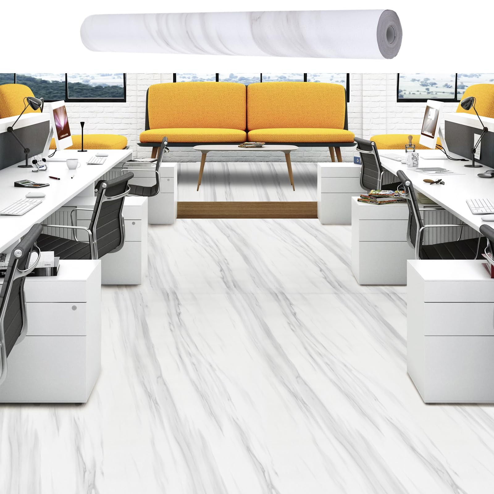 Warmiehomy Floor Tiles Self Adhesive Vinyl Flooring,60cmX10m Peel and Stick Waterproof Flooring Tiles Roll for Bedroom Living Room Kitchen Floor (White-Marble)