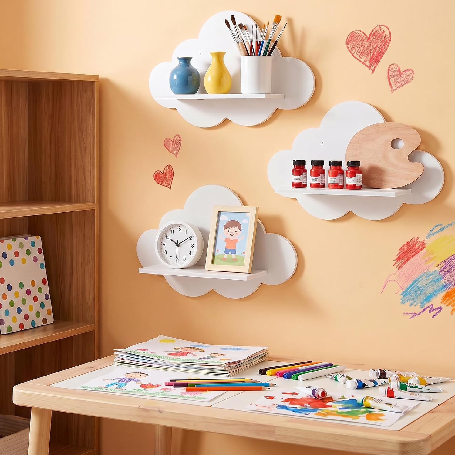 3 Pcs Floating Cloud Shelves for Wall, 3 Sizes Floating Shelves White Wavy Wooden Wall Decor for Nursery, Living Room, Bedroom, Kids Room