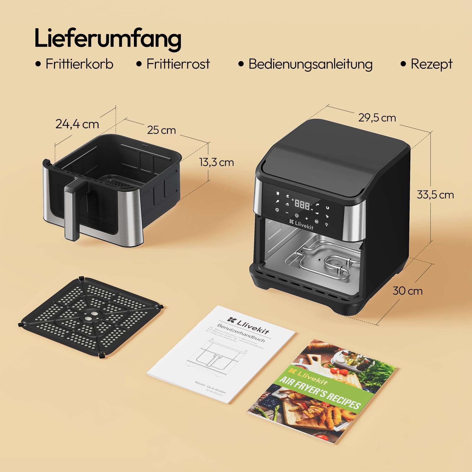 LLIVEKIT 8,5L Dual Blaze Heißluftfritteuse XXL Doppelheizquelle(Oben+Unten) | Airfryer mit 360° Heißluftzirkulation, 95% weniger Fett, Sichtfenster mit Innenbeleuchtung, 8 voreingestellte Programme