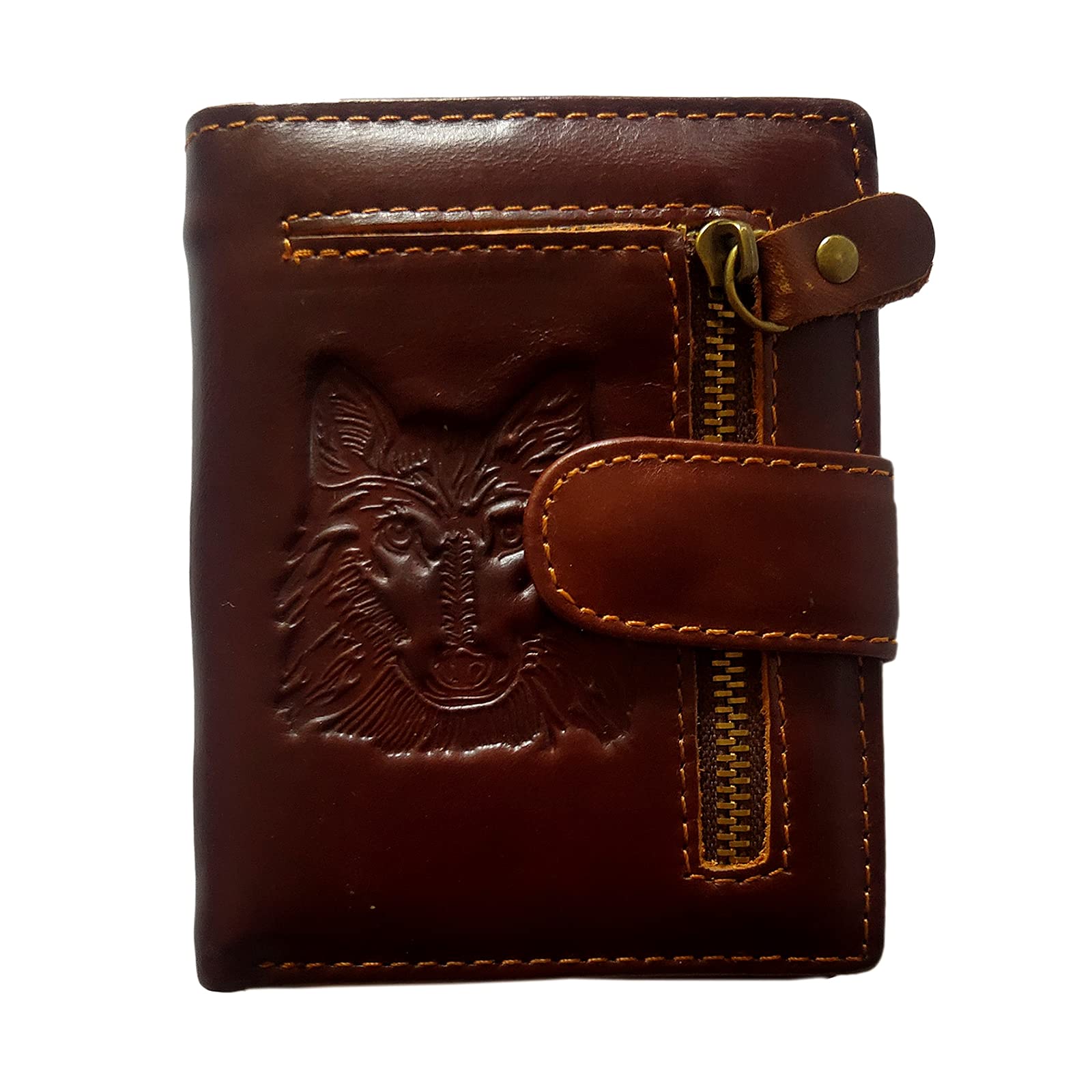 Men's Cool Eagle Wolf Horse Totem Cowhide Leather Vertical Wallet Zipper Multi-card Cardholder (Wolf Totem A)