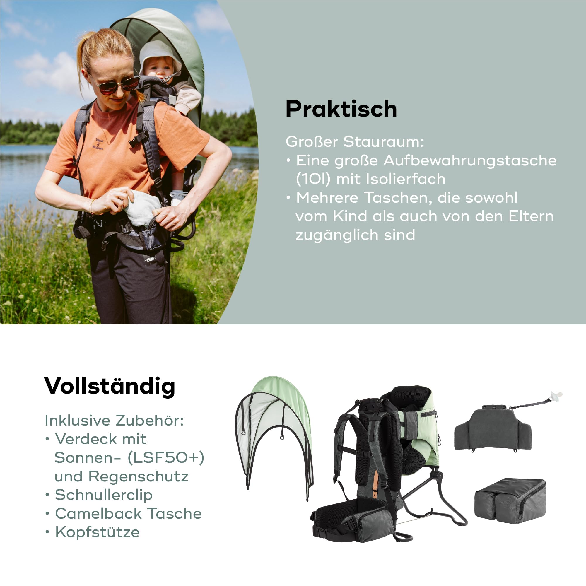 Babymoov Moov & Hike Kindertrage Wandern Kraxe Babys Kinder 18kg ergonomischer Physiohike®-Sitz Grün