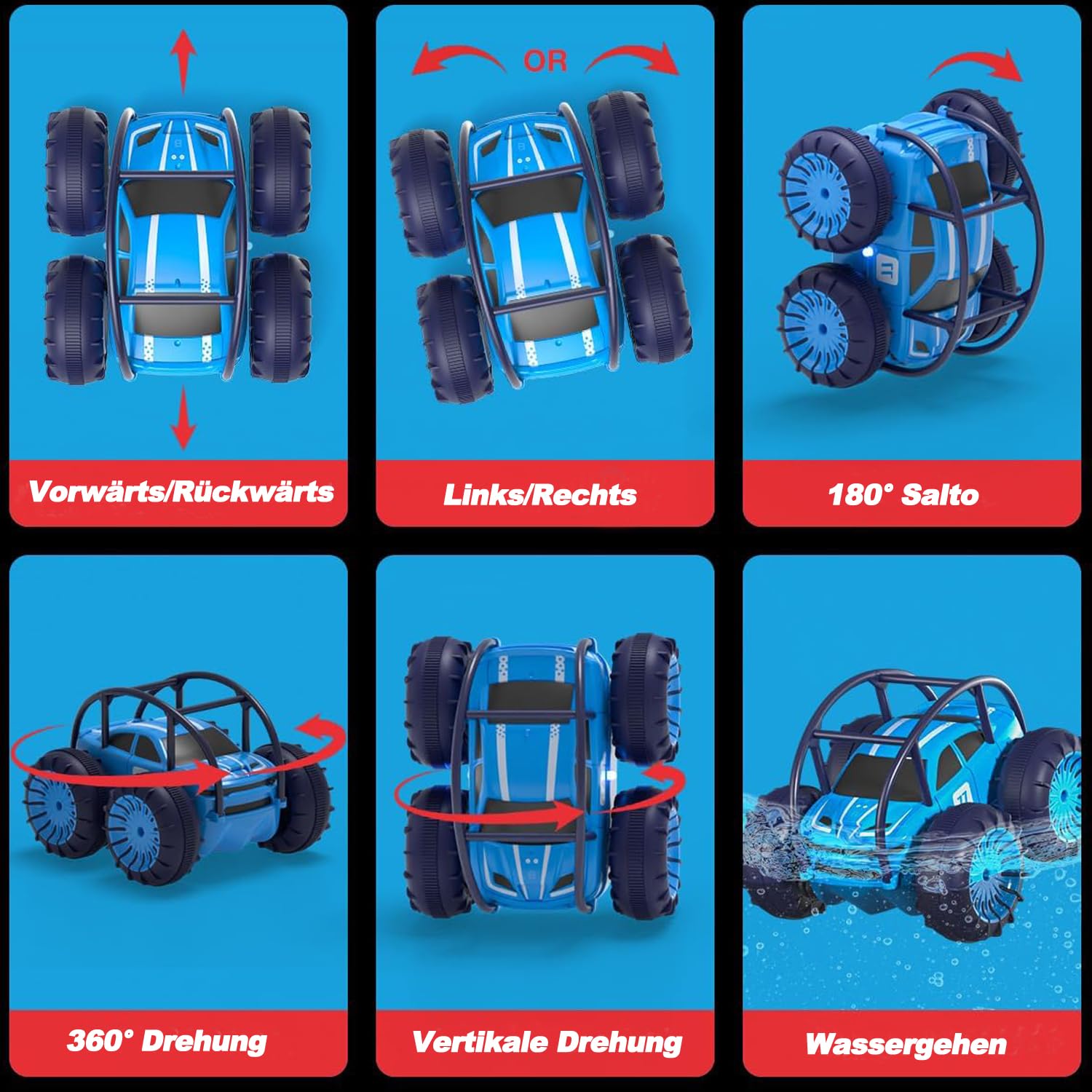 MaxTronic Macchina Telecomandata a Ricarica Diretta con Luci LED, Stunt Anfibio Impermeabile 360° Flip, 4WD Velocità 15 km/h, Auto Radiocomandata 2.4G Regalo per Bambini Bambine 3-12 Anni