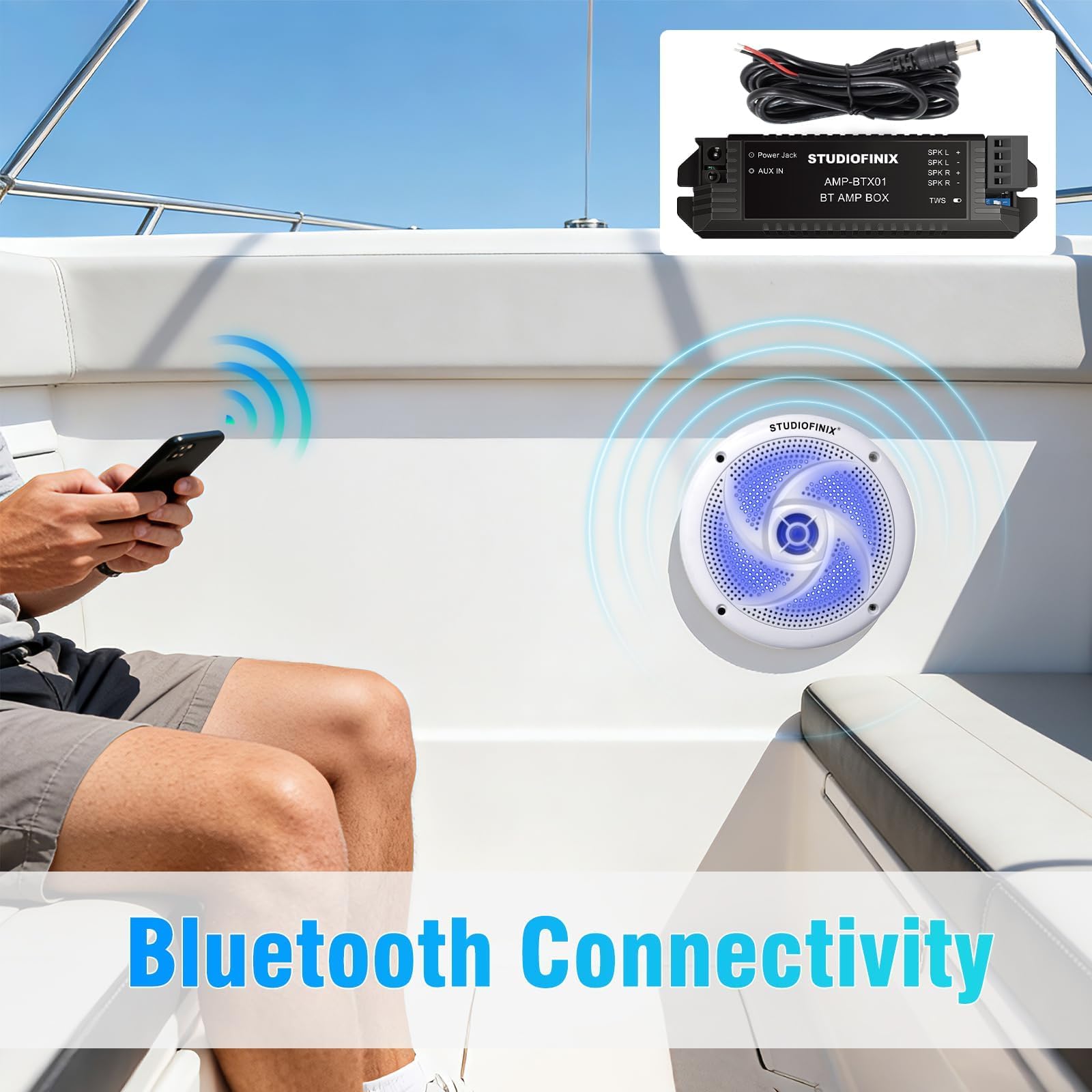 STUDIOFINIX wasserdichte Bluetooth-Bootslautsprecher – 5,25-Zoll-2-Wege-Audiosystem für den Außenbereich, wetterfest, mit LED-Beleuchtung, 160 Watt Leistung und schlankem, flachem Design – (weiß)