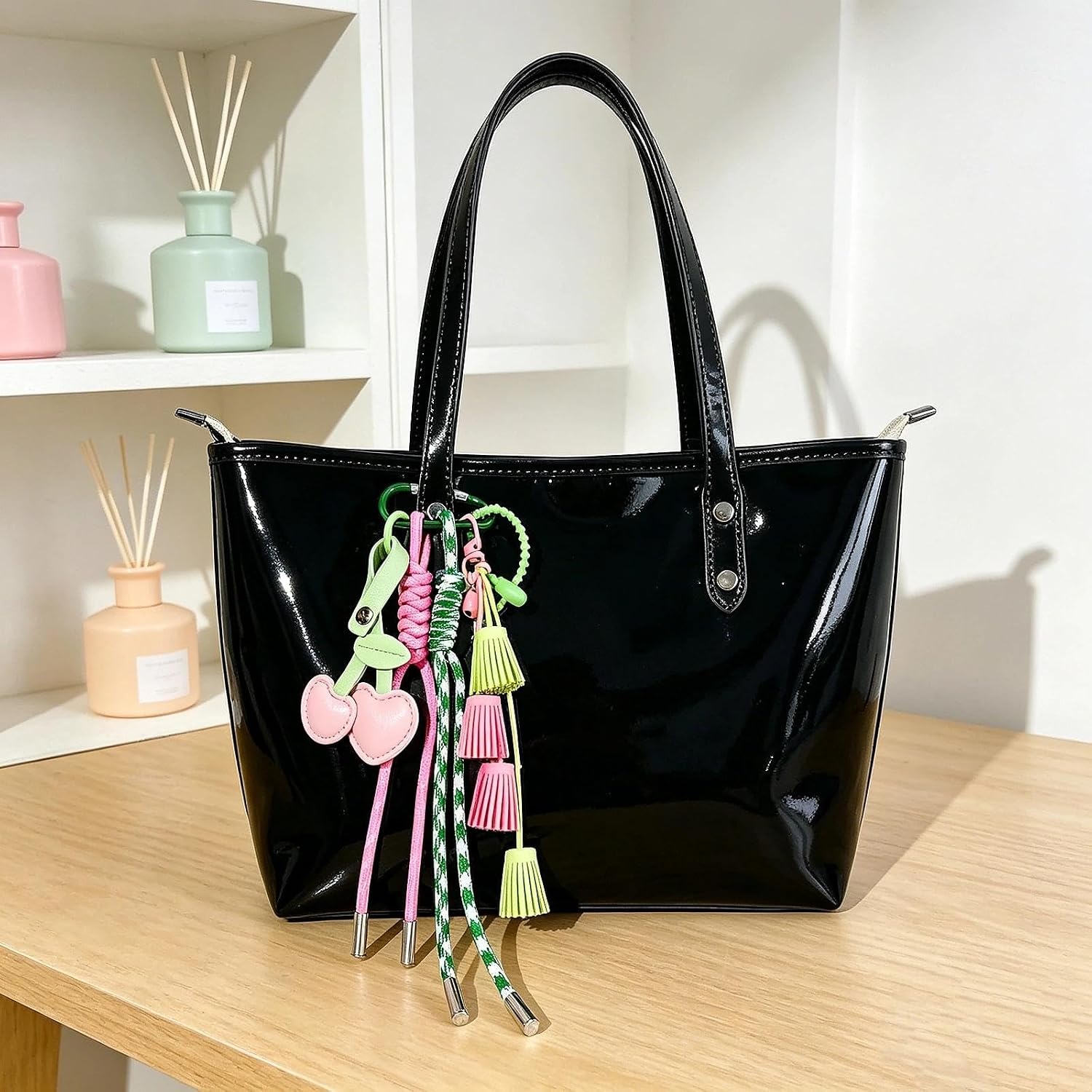 Keychain for Women, Pink Green Bag Charm, Hand-Woven Nylon Rope Key Chain, Aesthetic Keychain, Bag Accessories Charms for Handbag, Backpack