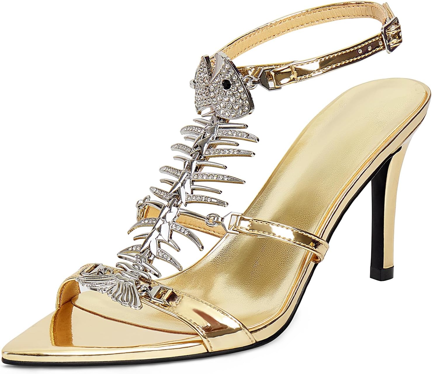 Strappy Heels for Women Stiletto High Heeled Sandals Fishbone Rhinestone Pointed Open Toe Sexy Dress Party Wedding Gladiator Heels