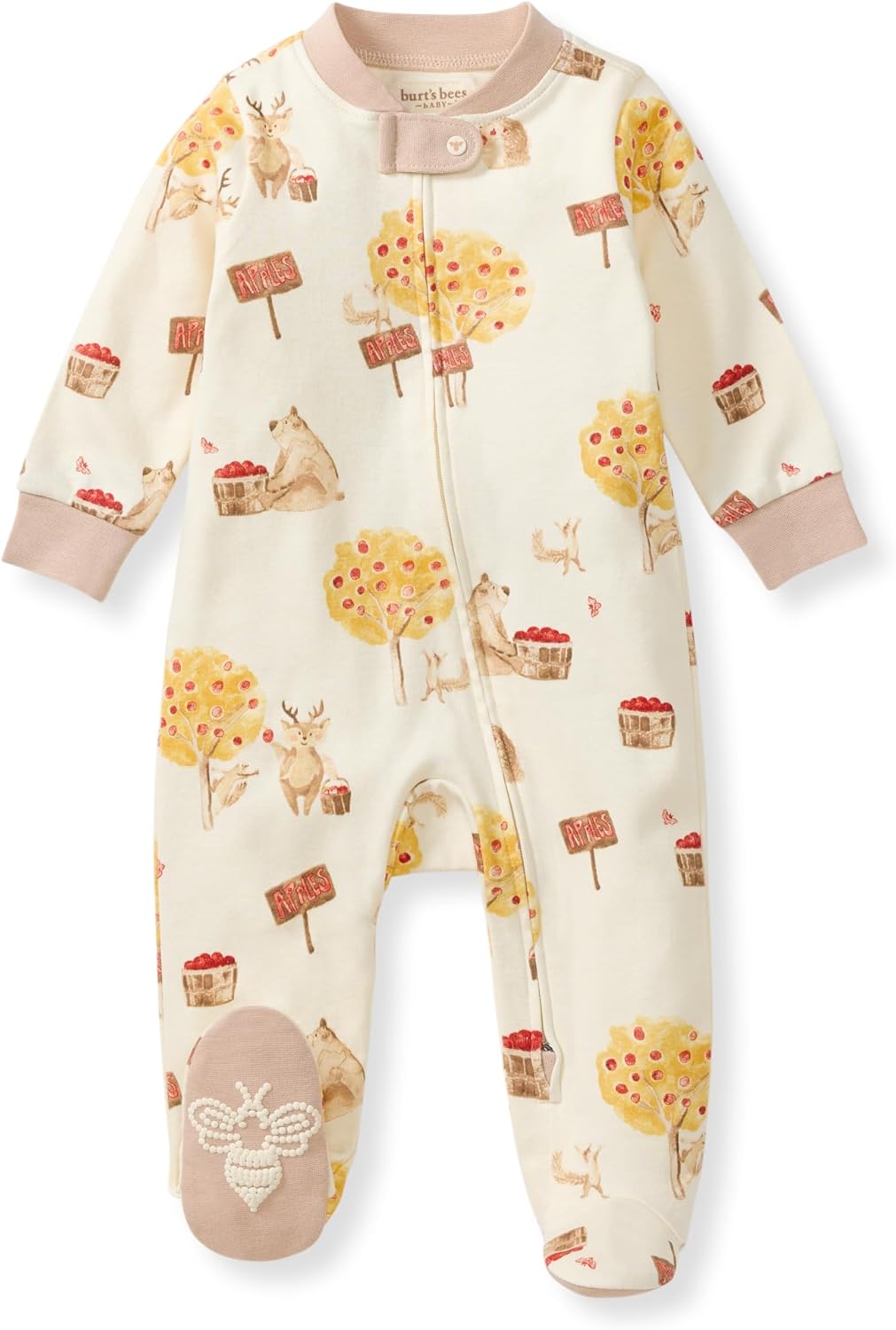 Burt's Bees Baby Boys Sleep and Play PJs, 100% Organic Cotton One-Piece Zip Front Romper Jumpsuit Pajamas Standard 3-6 Months Apple Season