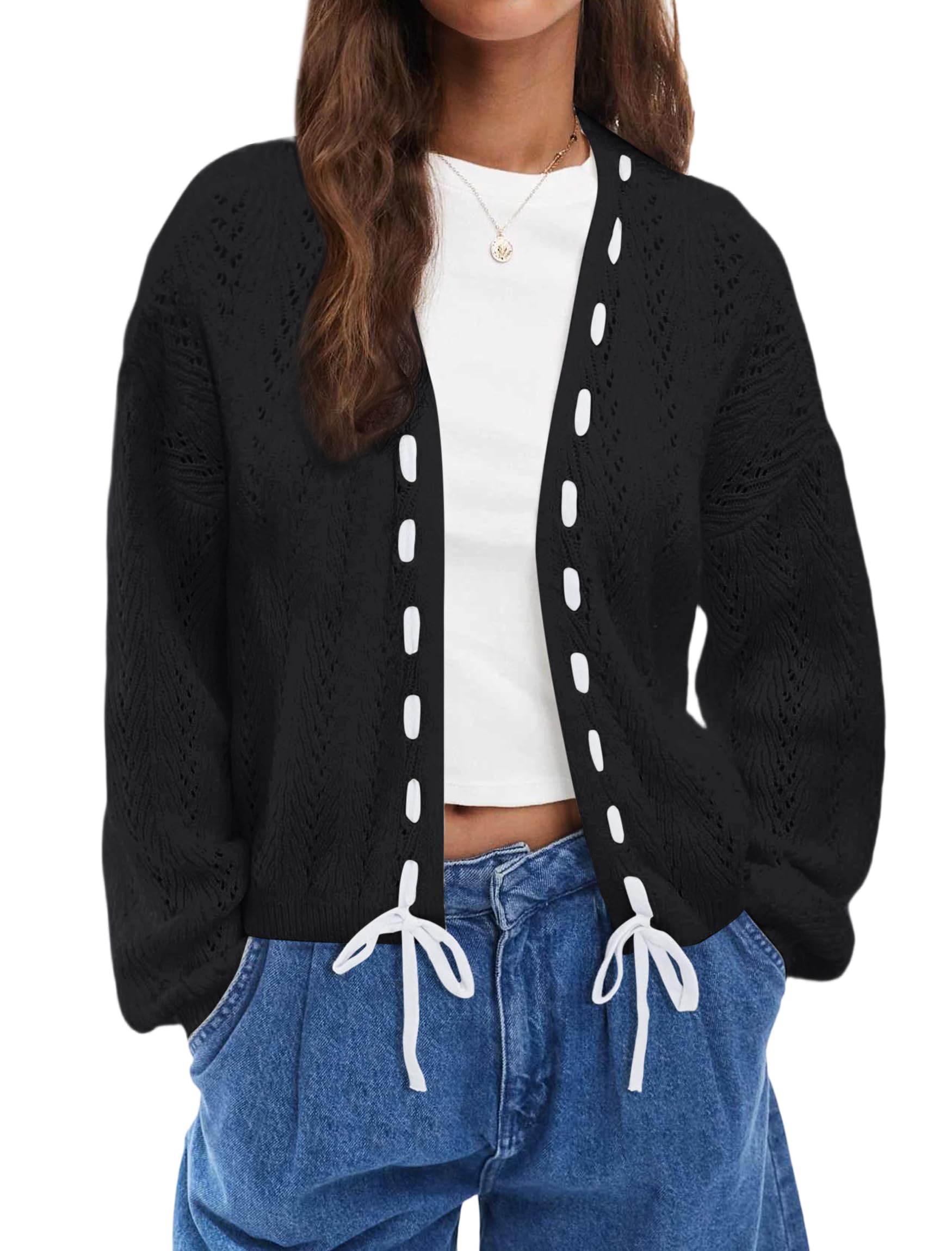 IWD Cardigan Sweaters for Women Trendy Long Sleeve Tie Front Tops Ribbed Hems Lightweight Open Front Cardigans