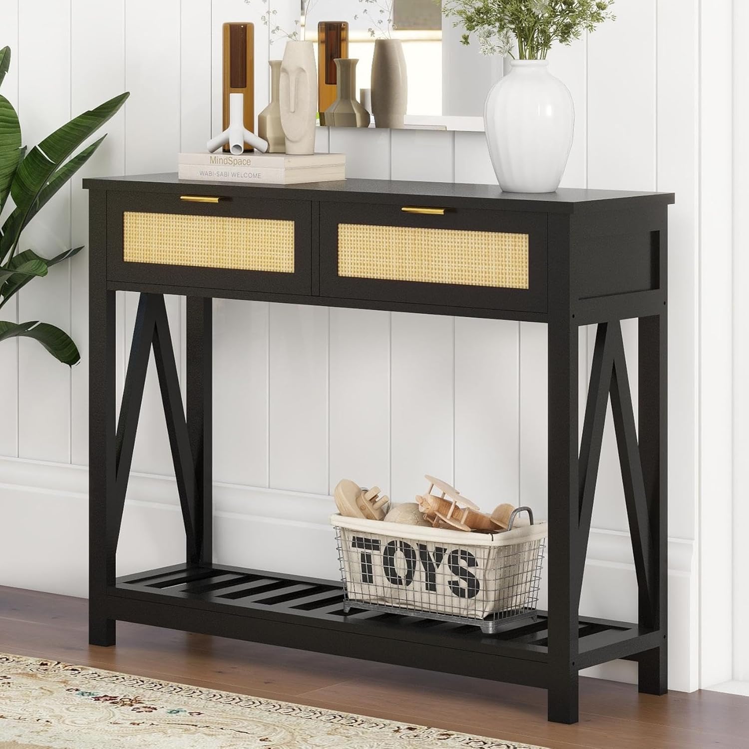 Boho Rattan Entryway Console Table, Narrow Entry Table with Rattan Drawers & Open Storage Slats Shelf, Wooden Foyer Hallway Behind Couch Console Sofa Table, Black