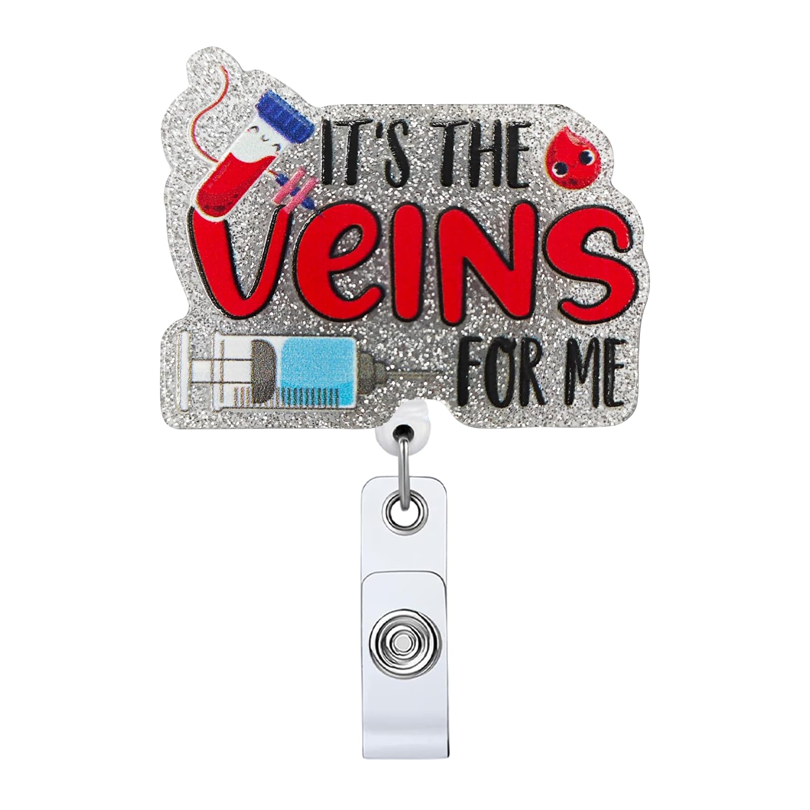 It's The Veins for Me Retractable Badge Reel, Funny Silver Glitter ID Clip Name Tag Card Gift for IV Nurses Phlebotomist Phlebotomy Nurse Doctor