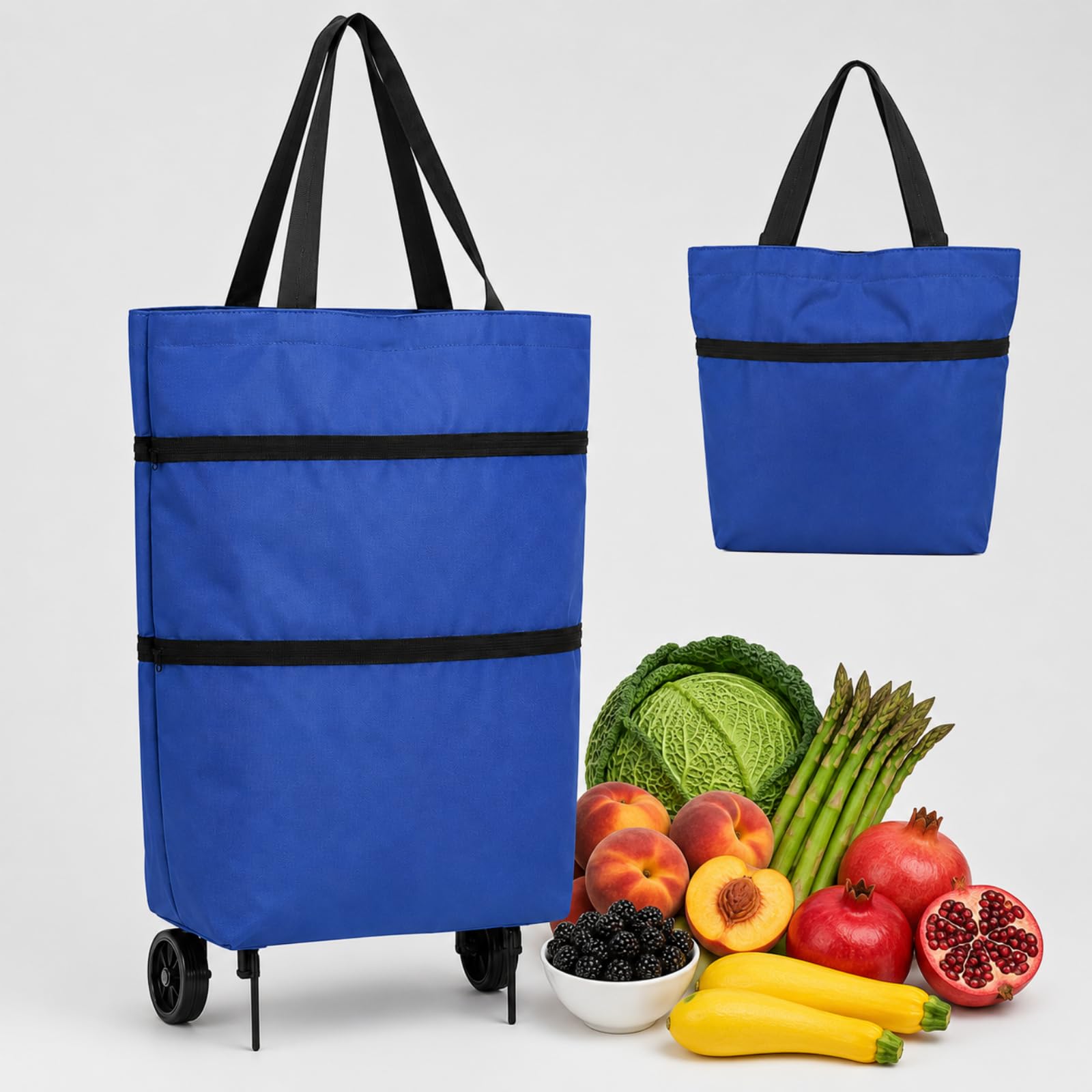 2-in-1 Foldable Shopping Trolley Bag with Wheels, 23L Grocery Cart and Shoulder Bag, 600D Oxford Fabric Carrier with Silent Wheels for Supermarket, Travel and Daily Shopping (blue)