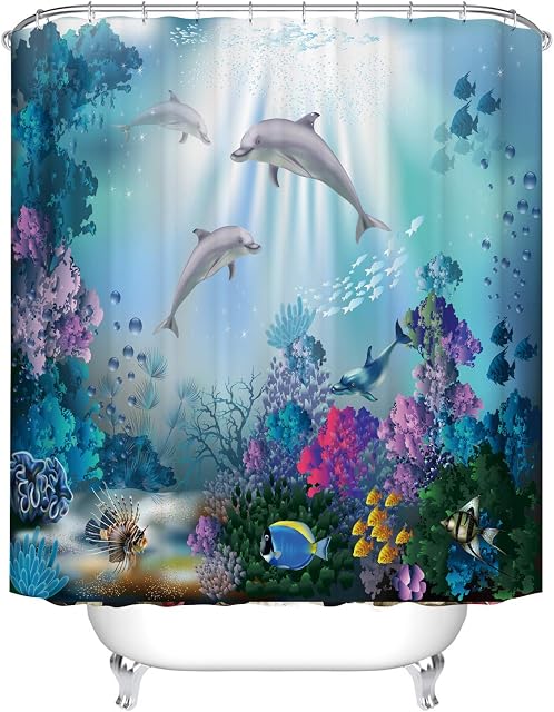 Cute Dolphin Shower Curtain Blue Ocean Underwater Colorful Fish Coral Reef Decorations Ocean Theme Bathroom Decor, 180 x 180 cm
