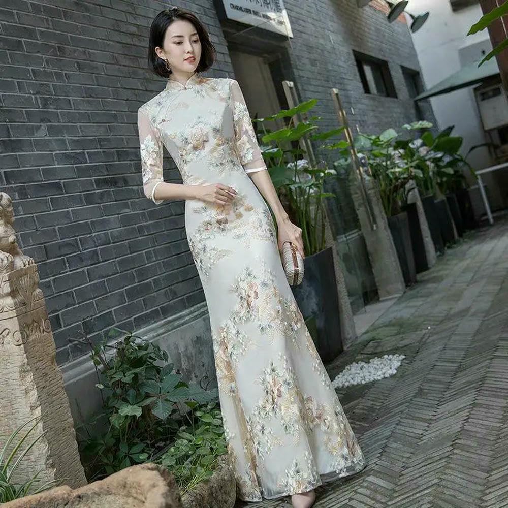 ZBDP Champagne Sweet Elegant Bridesmaid Dress Women Temperament Formal Party Gown Exquisite Floral Embroidery Cheongsam