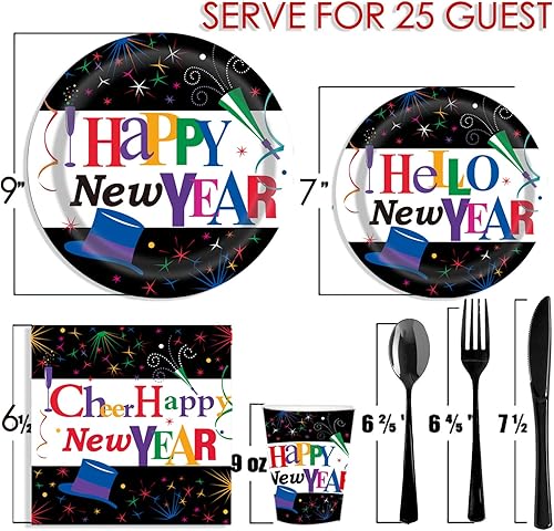 Miniatura 2 de Black Happy New Year Party Supplies - Juego de vajilla para fiesta de Año Nuevo 2024 y plato redondo para fiesta de postre para 25 invitados
