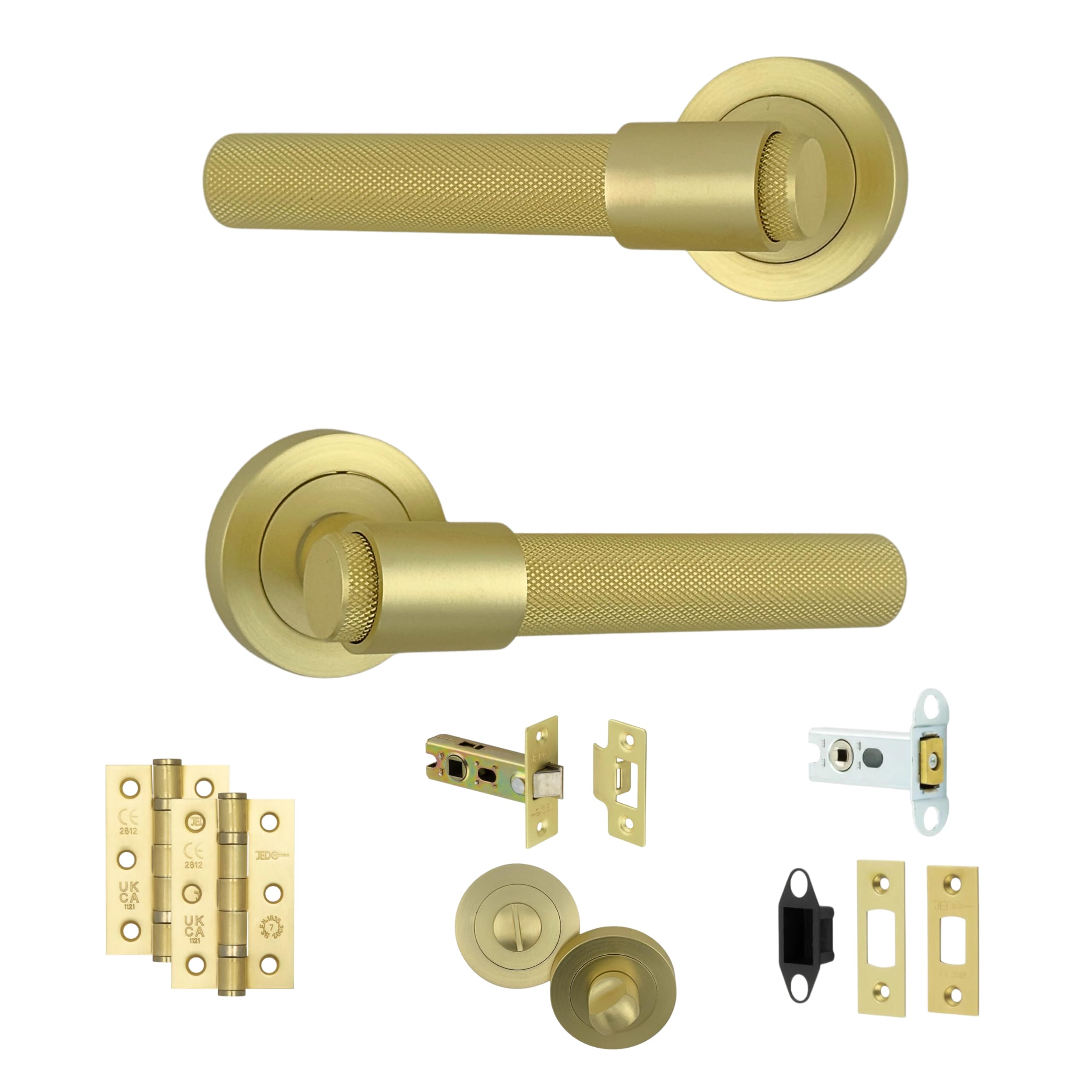 AXS Dakota Internal Door Handles on Rose – Lever Handle Pair for Wooden Doors – Modern Concealed Fix – Fits Standard UK Tubular Latch (Satin Brass, Bathroom Door Pack)