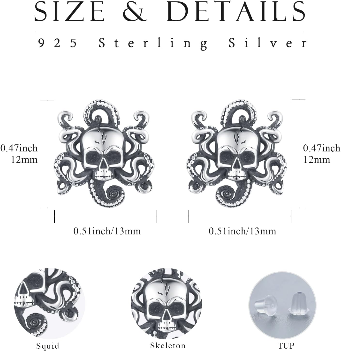 Skull Earrings Studs 925 Sterling Silver Skeleton Earrings for Men Women Hypoallergenic Goth with Rose Jewelry Hallloween Party Cosplay - Image 4